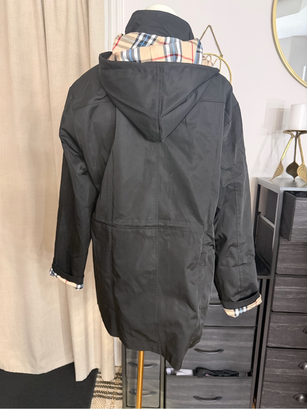 Saphirose Women’s Black Hooded Rain Coat with Plaid Lining Size XL - Picture 3 of 10